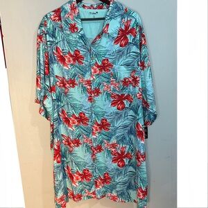 Tropical Floral Short-Sleeve Button-Down Shirt - Aqua & Red